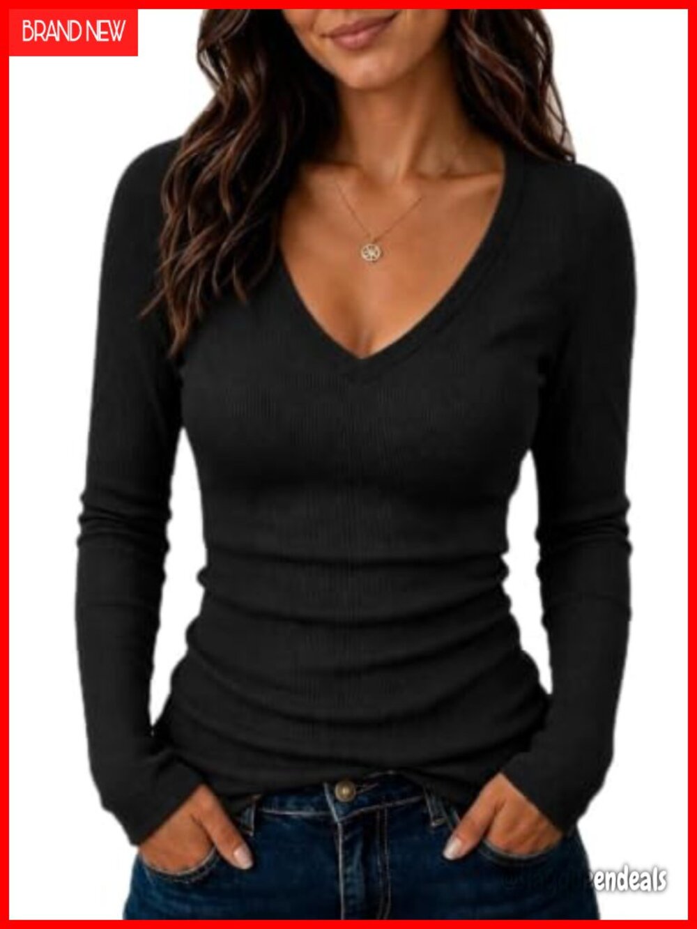 Women Long Sleeve V Neck Ribbed Knit Slim Fit Business Casual Work Top